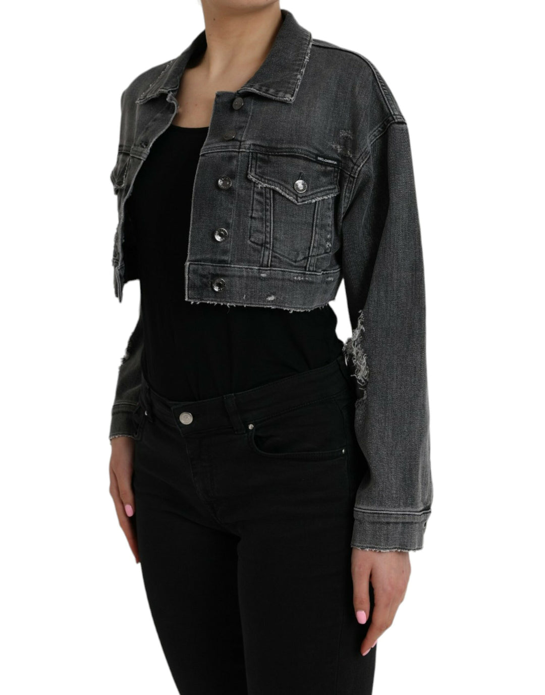 Dolce & Gabbana - Dolce & Gabbana Dark Gray Cotton Stretch Cropped Denim Jacket - JKT3825 - 40 - Ask Me Wear