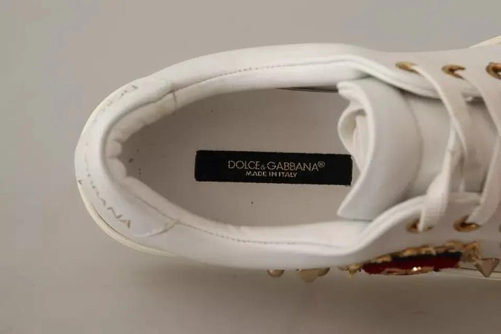 Dolce &amp; Gabbana White Leather Gold Red Heart Sneakers Shoes