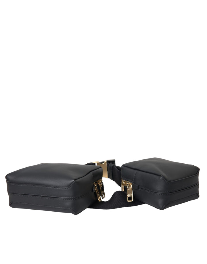 Dolce & Gabbana Black Calfskin Leather Double Waist Belt Fanny Pack Bag