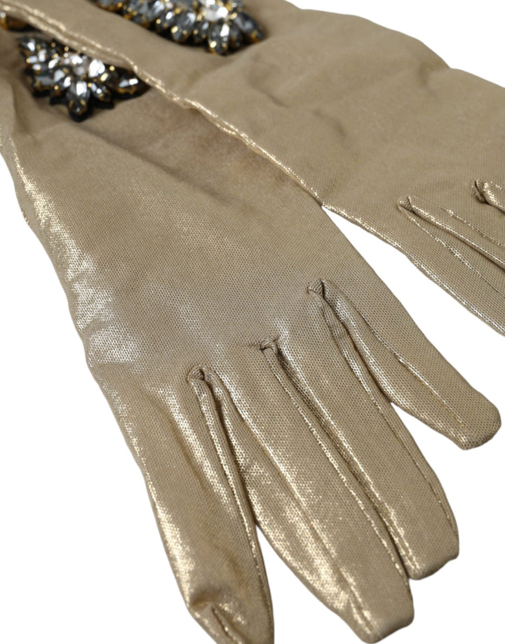 Dolce & Gabbana Beige Satin Crystal Elbow Length Gloves