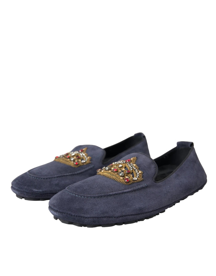 Dolce &amp; Gabbana Sample Sale Dolce &amp; Gabbana Blue Leather Suede Crystal Crown Loafers Shoes - | Designer outlet