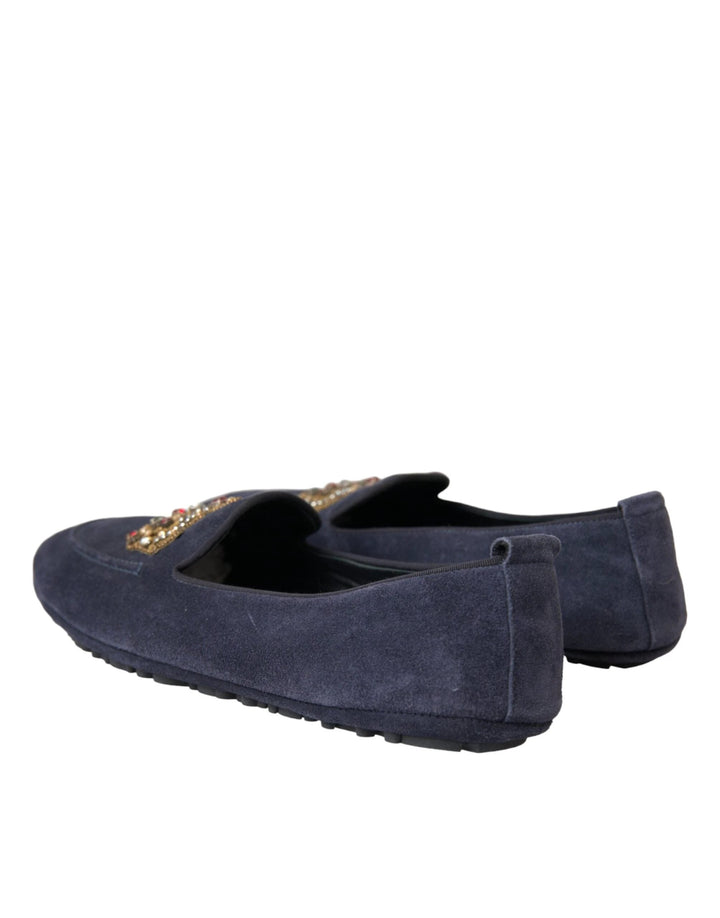 Dolce &amp; Gabbana Sample Sale Dolce &amp; Gabbana Blue Leather Suede Crystal Crown Loafers Shoes - | Designer outlet