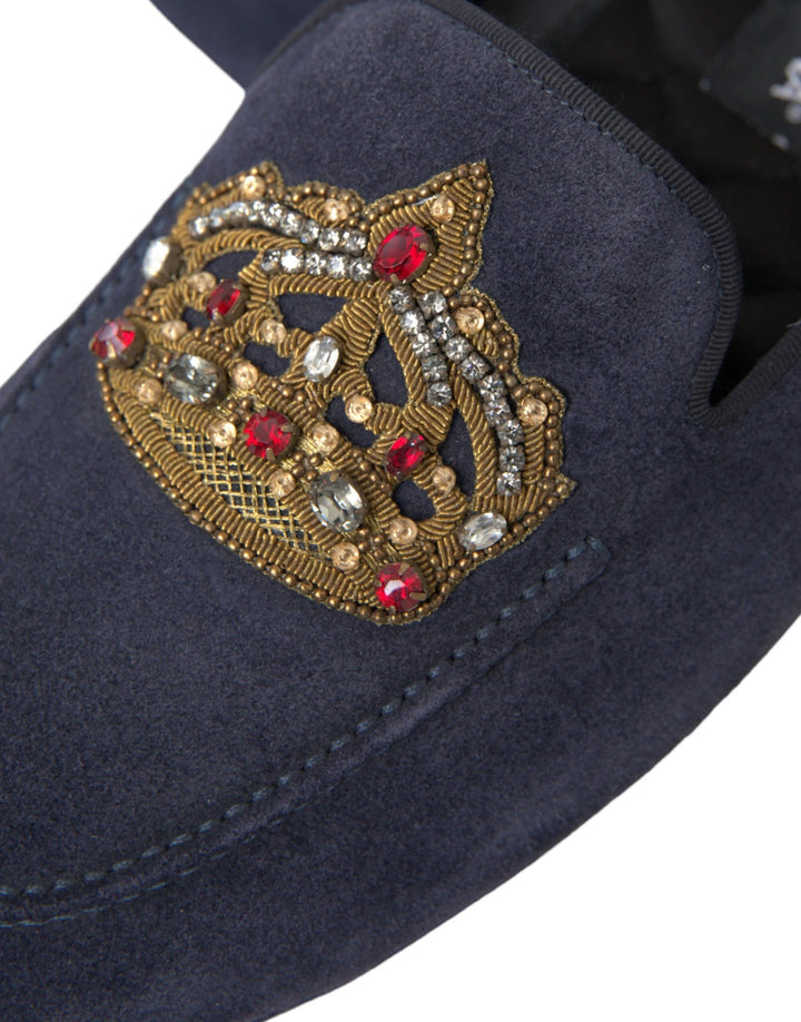 Dolce &amp; Gabbana Sample Sale Dolce &amp; Gabbana Blue Leather Suede Crystal Crown Loafers Shoes - | Designer outlet