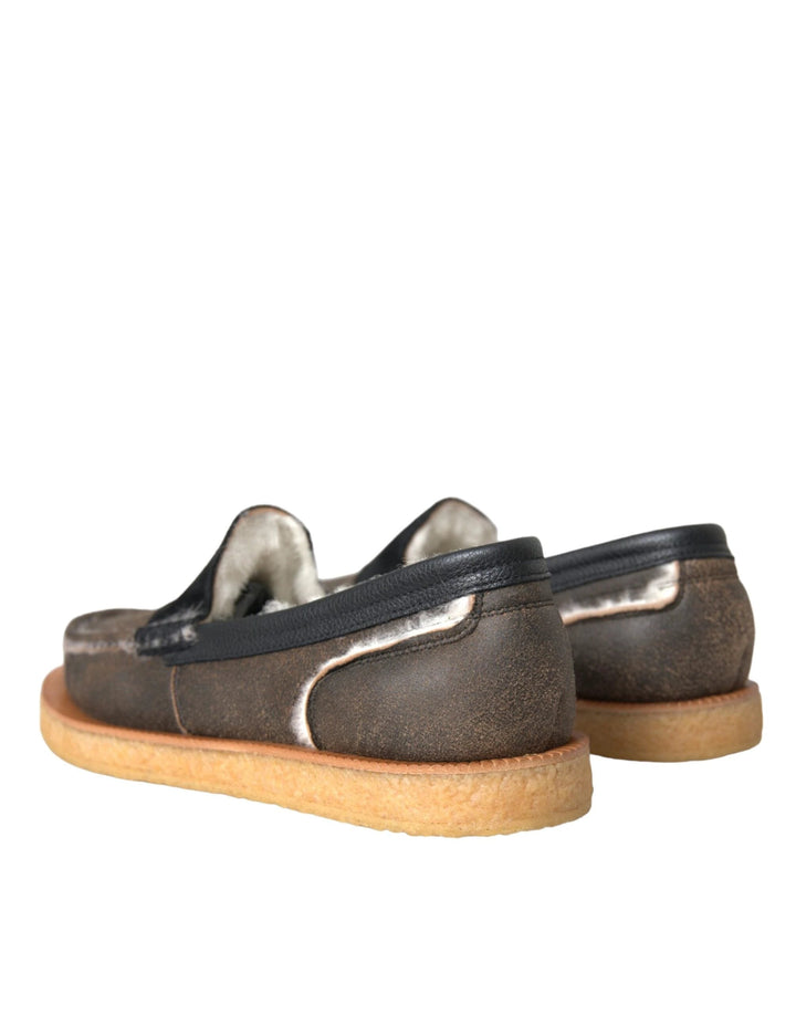 Dolce &amp; Gabbana Brown Black Fur Leather Loafers Men Shoes by Dolce &amp; Gabbana outlet now on sale