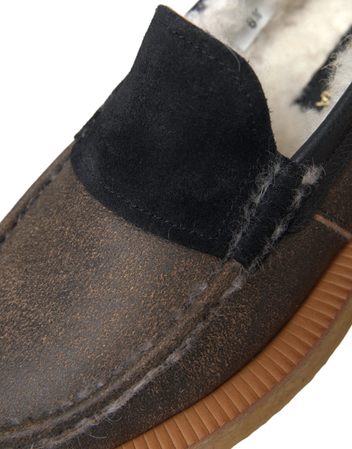 Dolce &amp; Gabbana Brown Black Fur Leather Loafers Men Shoes by Dolce &amp; Gabbana outlet now on sale