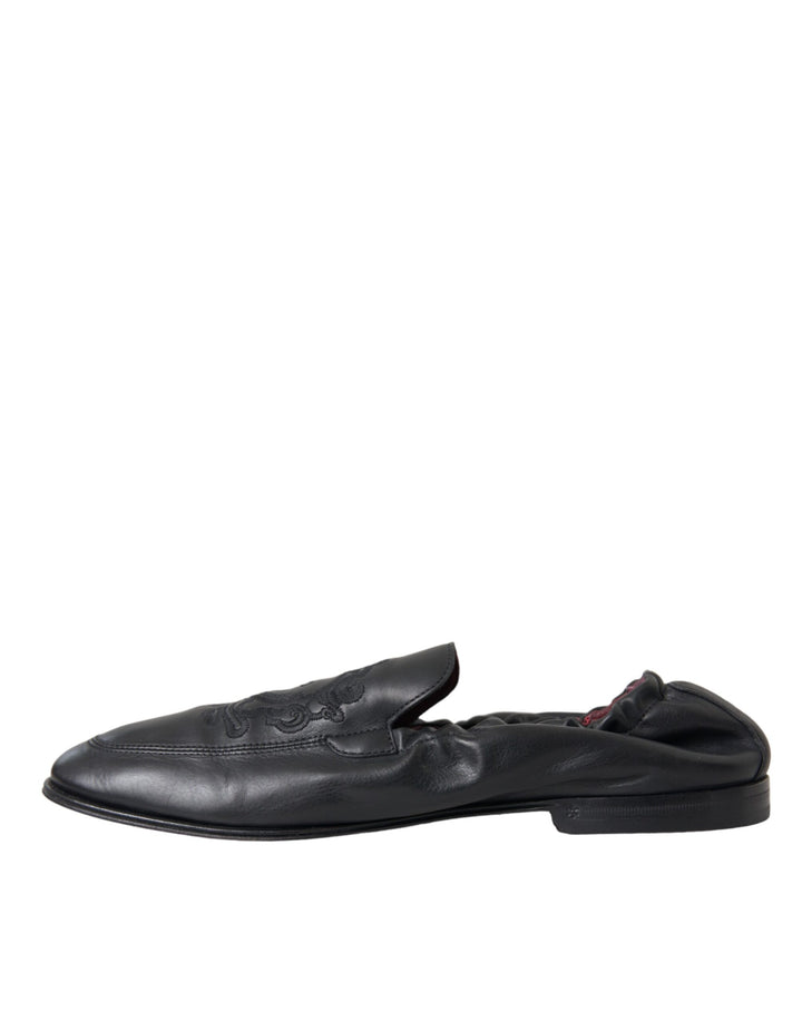 Dolce & Gabbana Black Logo Embroidered Leather Loafer Men Dress Shoes by Dolce & Gabbana outlet now on sale