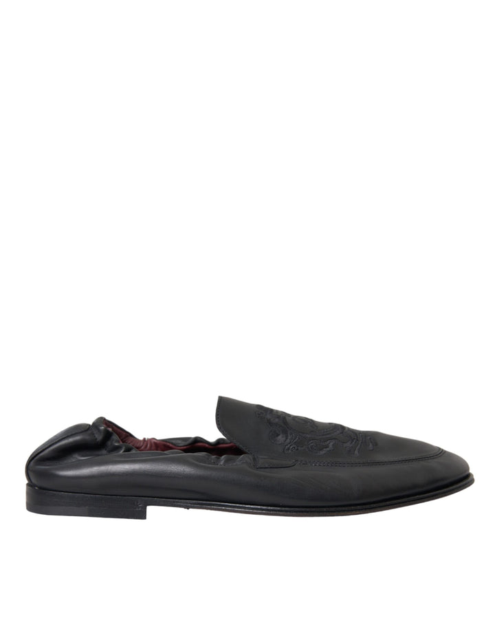 Dolce & Gabbana Black Logo Embroidered Leather Loafer Men Dress Shoes by Dolce & Gabbana outlet now on sale