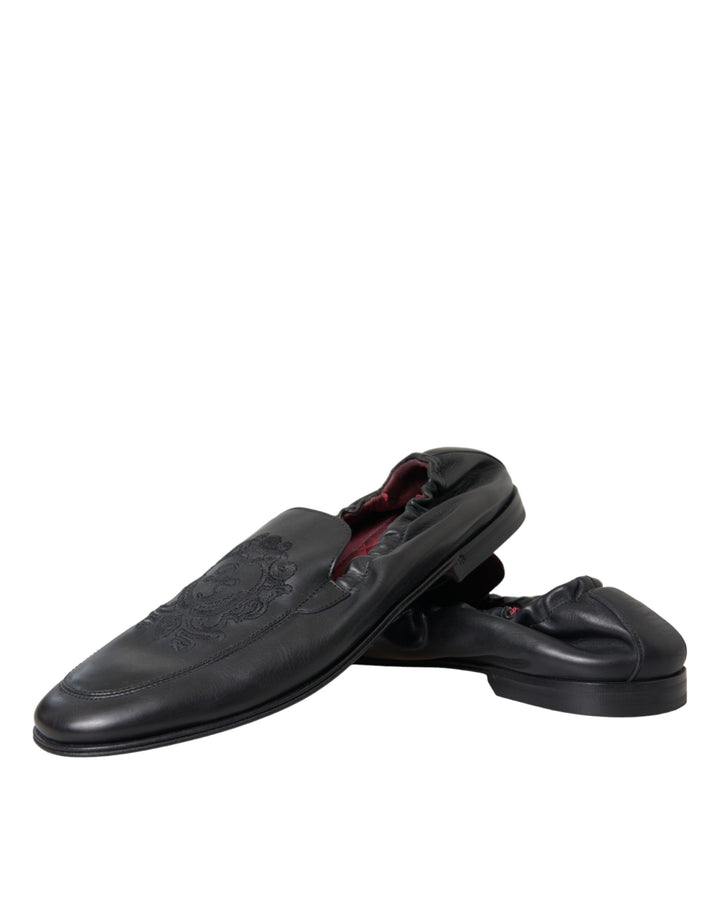Dolce & Gabbana Black Logo Embroidered Leather Loafer Men Dress Shoes by Dolce & Gabbana outlet now on sale