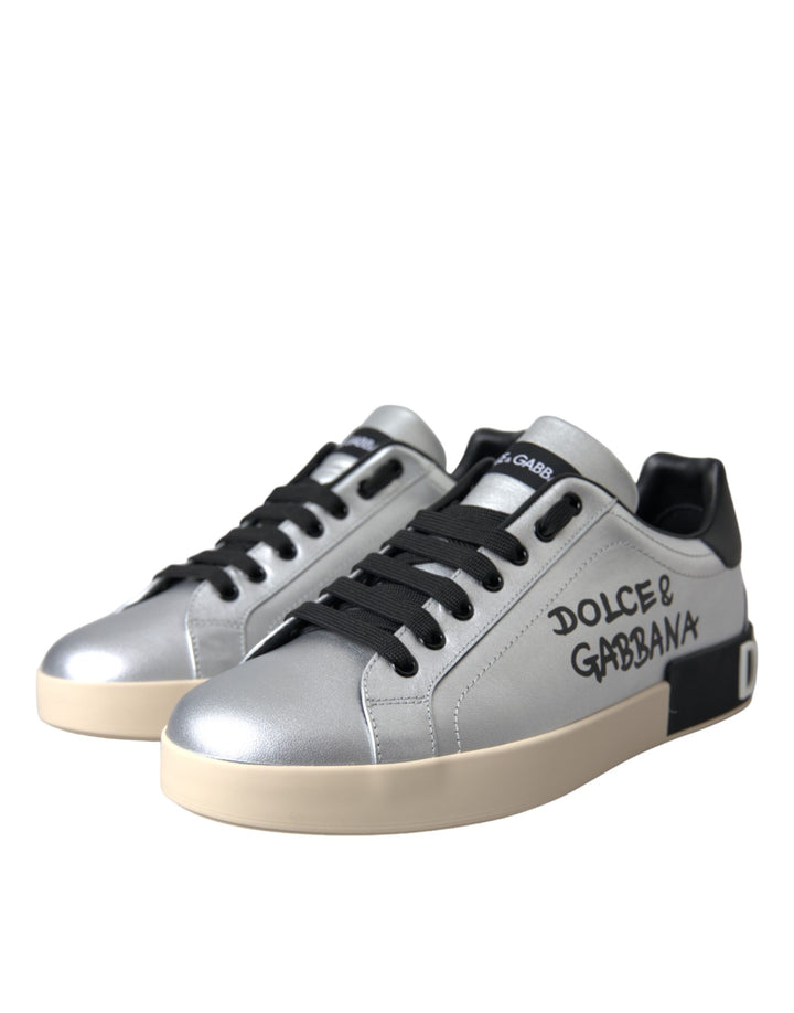 Dolce &amp; Gabbana Sample Sale Dolce &amp; Gabbana Silver Portofino Calf Leather Sneakers Men Shoes - | Designer outlet
