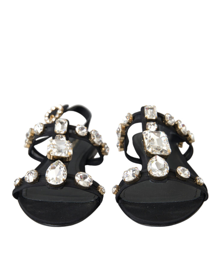 Dolce & Gabbana Black Leather Crystal Flats Sandals Shoes