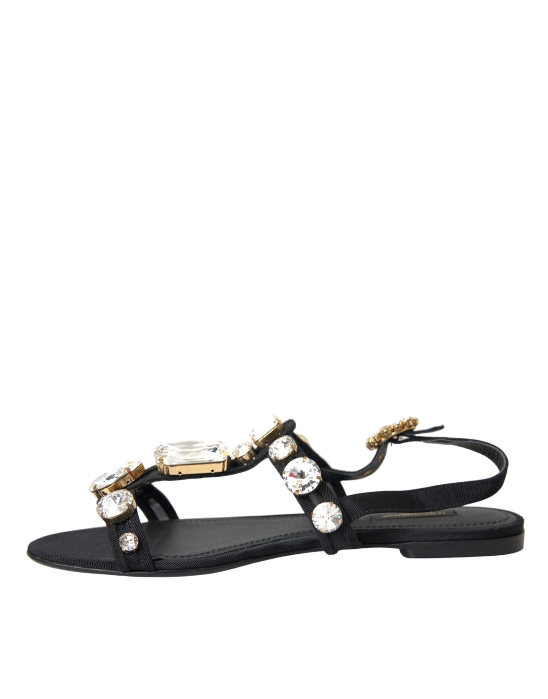 Dolce & Gabbana Black Leather Crystal Flats Sandals Shoes