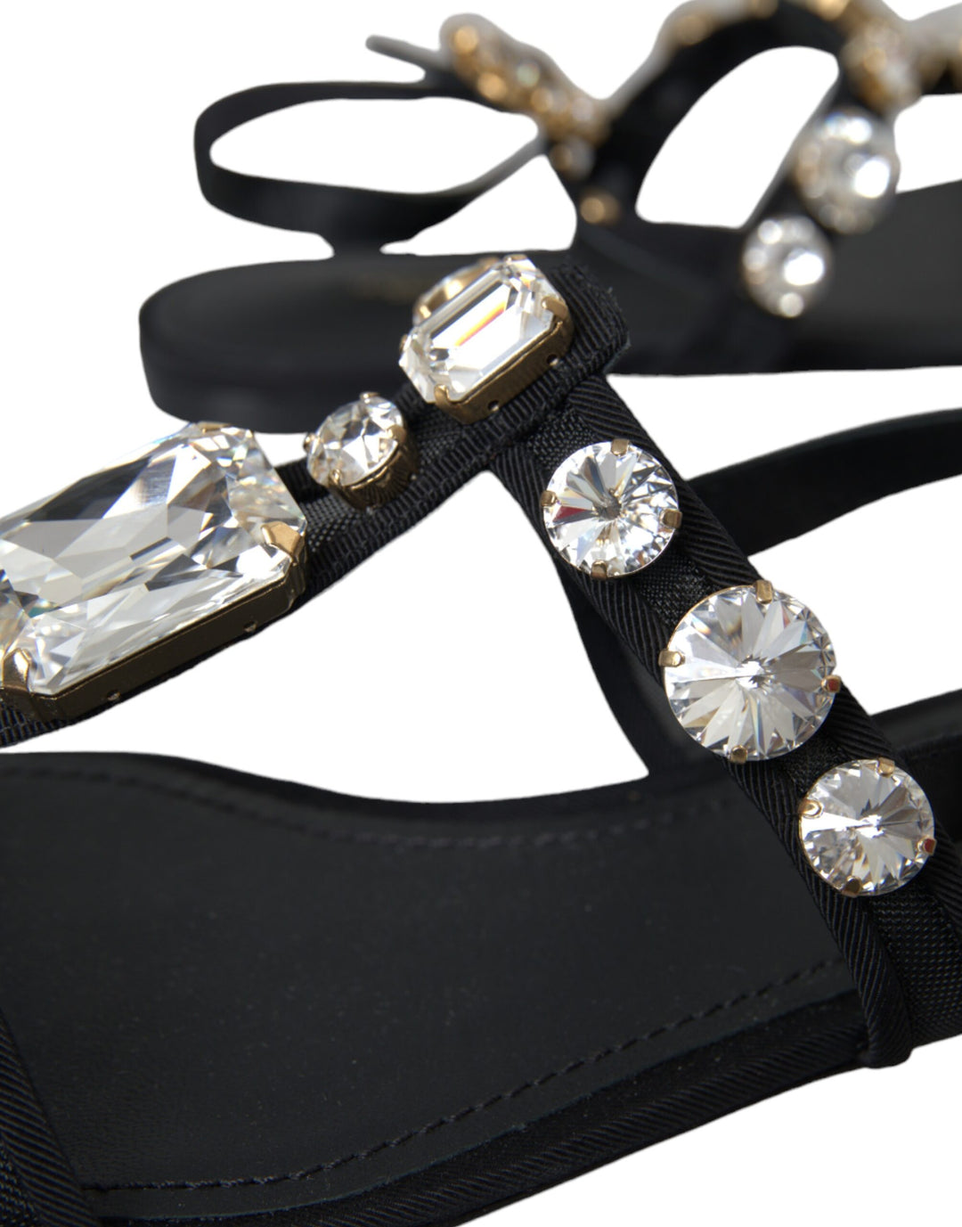 Dolce & Gabbana Black Leather Crystal Flats Sandals Shoes