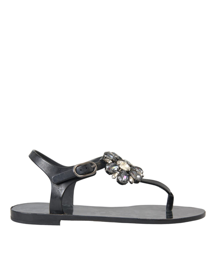 Dolce & Gabbana Black Crystal Flats Sandals Flip Flops Shoes