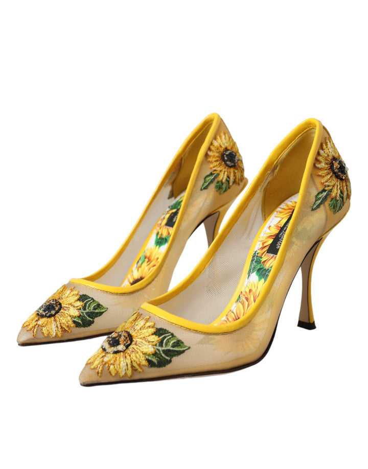 Dolce & Gabbana Yellow Sunflower Mesh Heels Pumps Shoes