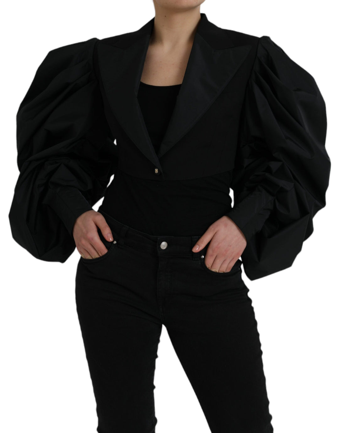 Dolce & Gabbana - Dolce & Gabbana Black Polyester Puffed Sleeves Cropped Jacket - JKT3736 - 40 - Ask Me Wear