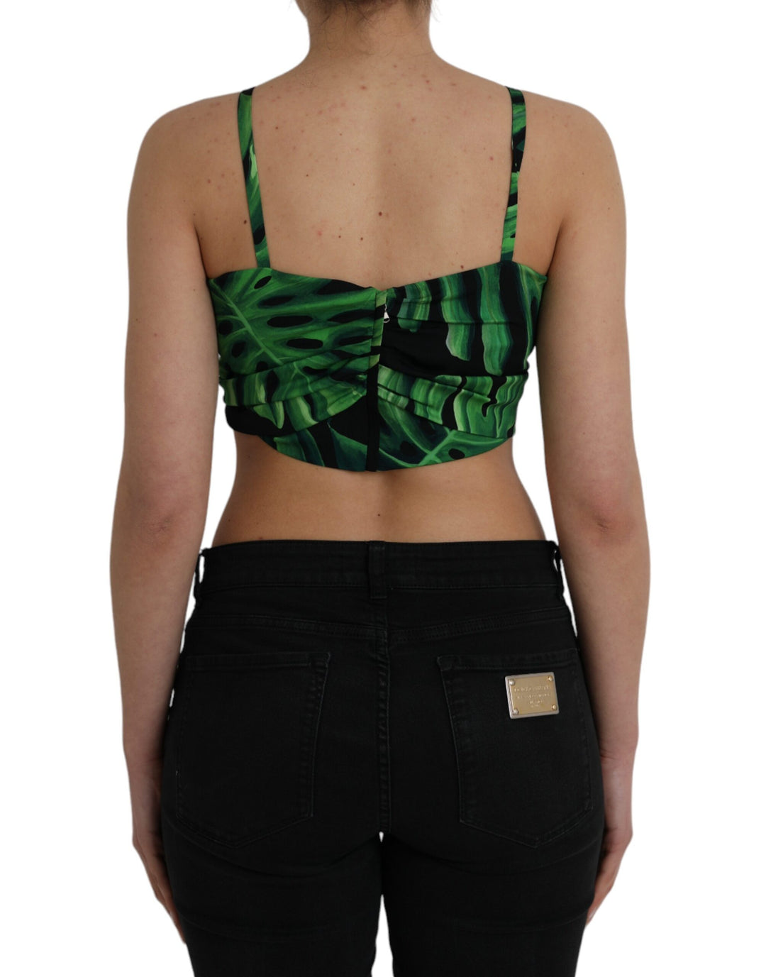 Dolce &amp; Gabbana Sample Sale Dolce &amp; Gabbana Black Green Leaf Silk Halter Cropped Top - | Designer outlet