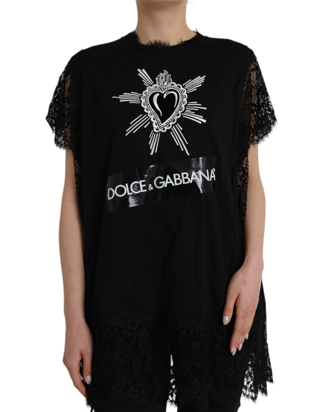 Dolce &amp; Gabbana Sample Sale Dolce &amp; Gabbana Black Sacred Heart Print Cotton Lace T-shirt - | Designer outlet