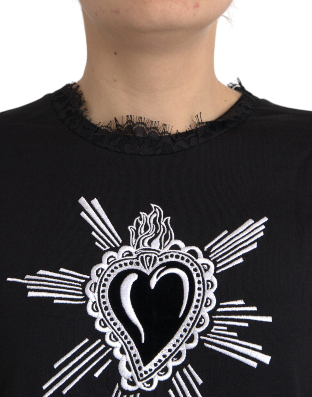 Dolce &amp; Gabbana Sample Sale Dolce &amp; Gabbana Black Sacred Heart Print Cotton Lace T-shirt - | Designer outlet