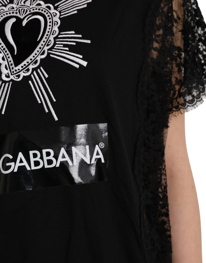 Dolce &amp; Gabbana Sample Sale Dolce &amp; Gabbana Black Sacred Heart Print Cotton Lace T-shirt - | Designer outlet