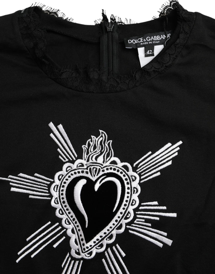 Dolce &amp; Gabbana Sample Sale Dolce &amp; Gabbana Black Sacred Heart Print Cotton Lace T-shirt - | Designer outlet