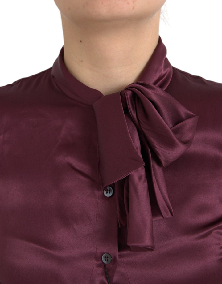 Dolce & Gabbana Maroon Ascot Collar Long Sleeve Top Blouse