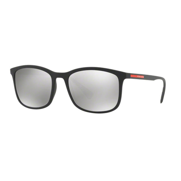 Prada Sport Sunglasses Rectangle Full Rim, Black Rubber Frame and Light Grey Mirror Silver Lens PS01TSDG02B0