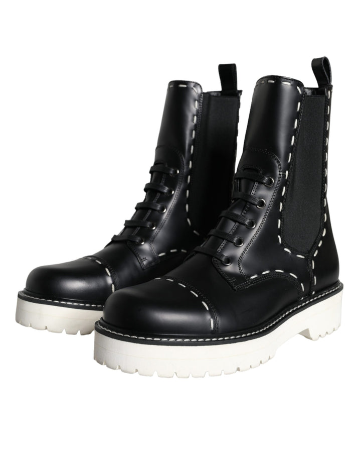 Dolce & Gabbana Black Leather Combat Mid Calf Boots Shoes