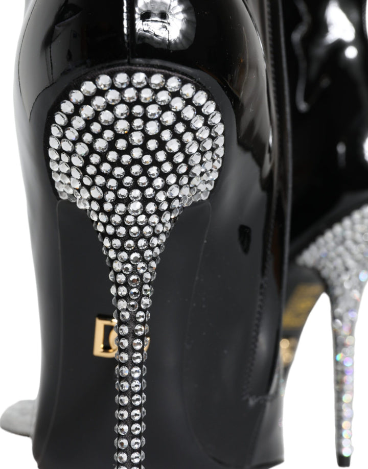 Dolce & Gabbana Black Patent Leather Crystal Heel Boots Shoes