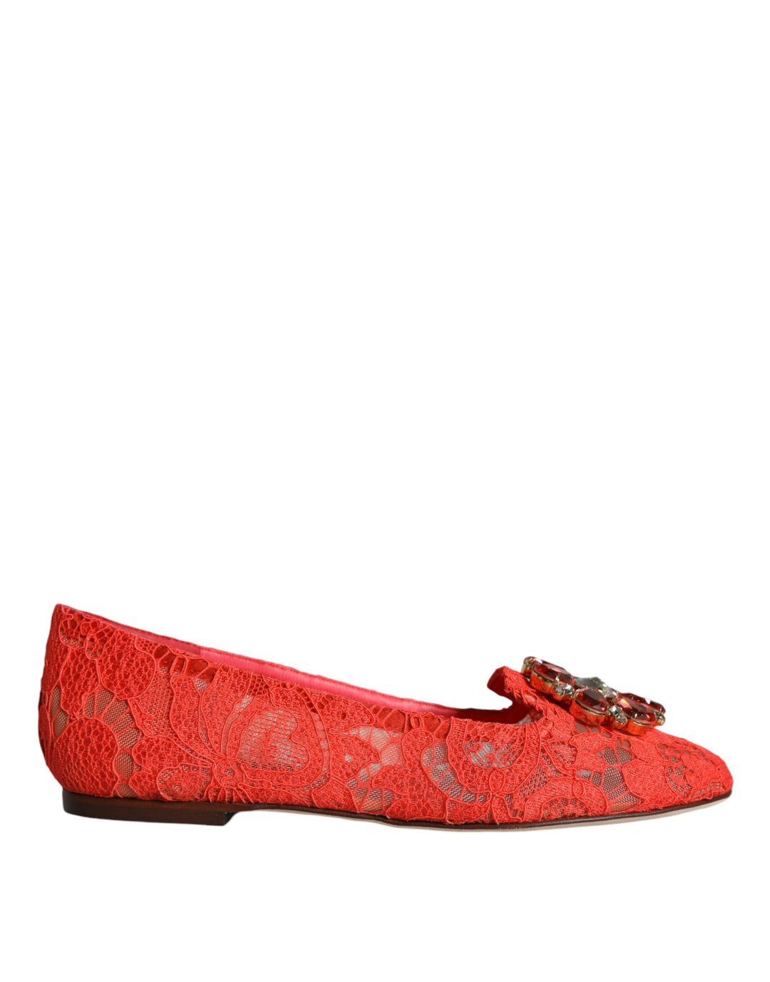 Dolce Gabbana Coral Lace Crystal Ballet Flats Loafers Shoes