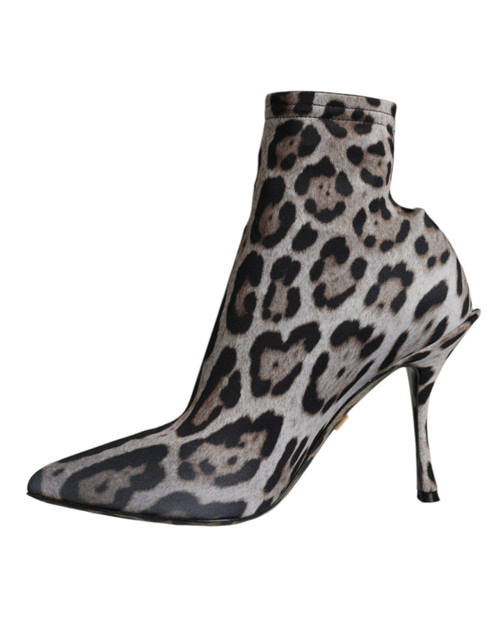 Dolce & Gabbana Gray Leopard Stretch Heels Ankle Boots Shoes