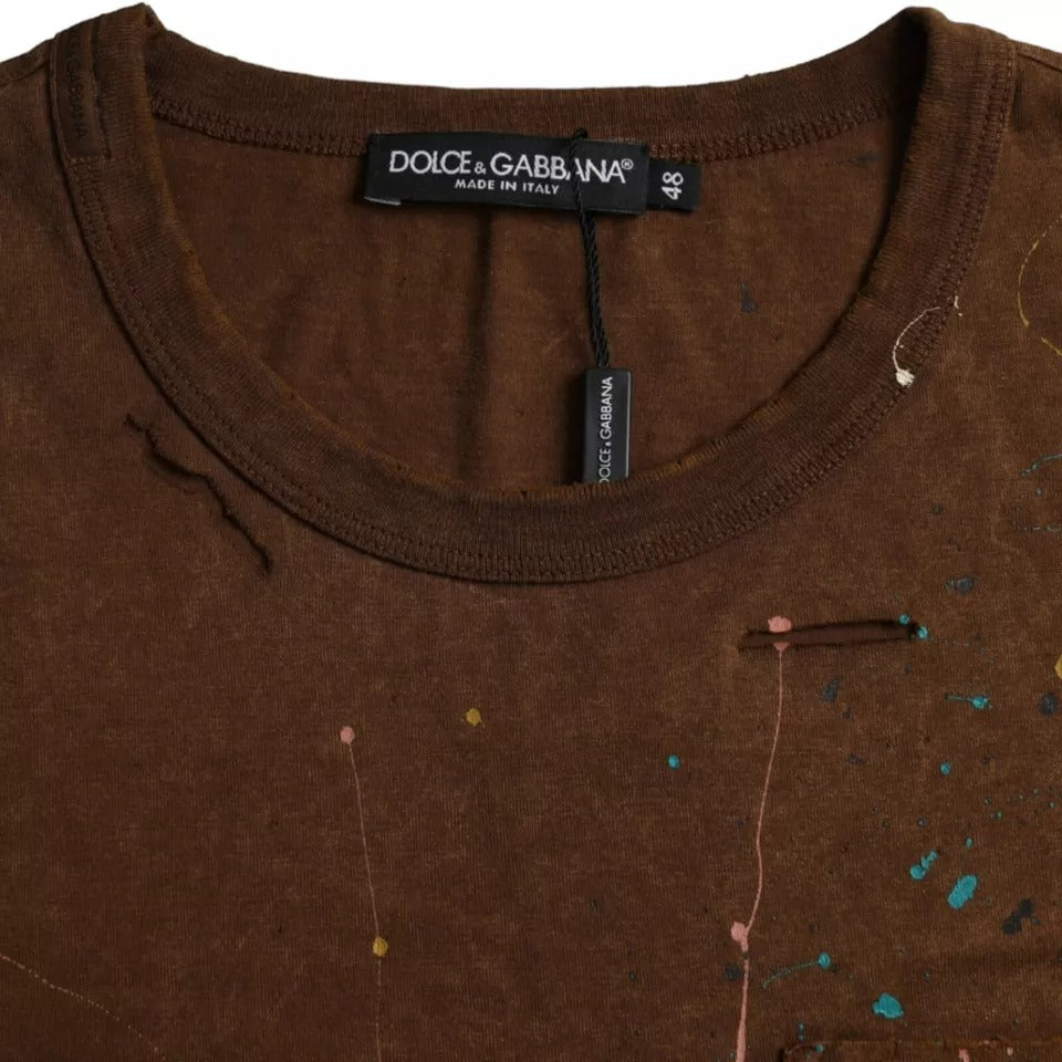 Dolce &amp; Gabbana Brown Color Splash Cotton Crew Neck T-shirt by Dolce &amp; Gabbana outlet now on sale