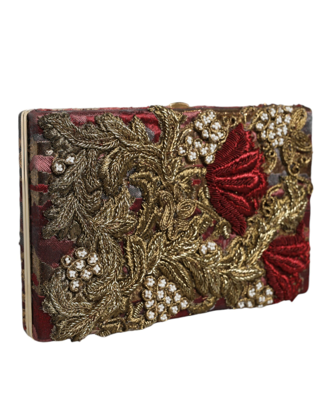 Dolce & Gabbana - Dolce & Gabbana Maroon Gold Floral Jacquard Gold Frame Clutch Evening Purse Bag - BAG1529 - Ask Me Wear