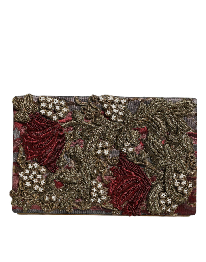 Dolce & Gabbana - Dolce & Gabbana Maroon Gold Floral Jacquard Gold Frame Clutch Evening Purse Bag - BAG1529 - Ask Me Wear