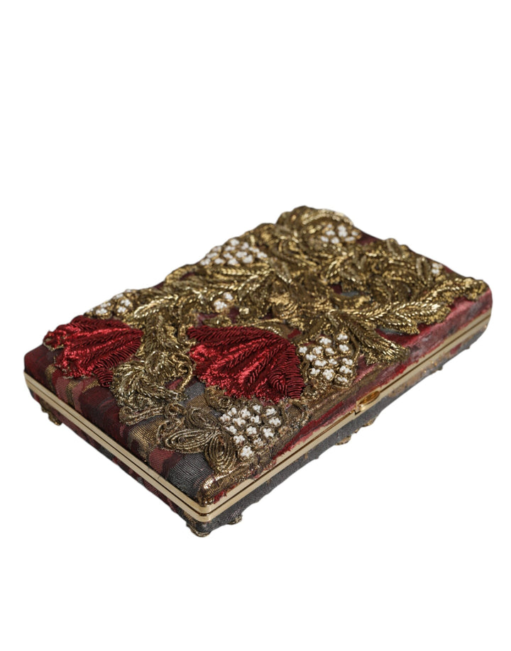 Dolce & Gabbana - Dolce & Gabbana Maroon Gold Floral Jacquard Gold Frame Clutch Evening Purse Bag - BAG1529 - Ask Me Wear