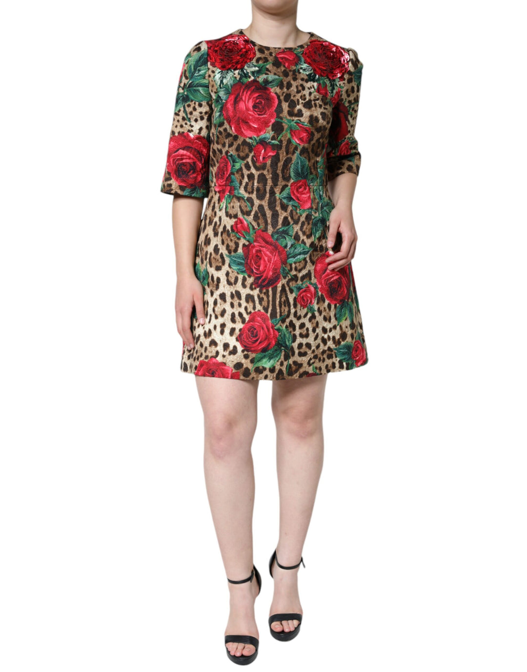 Dolce &amp; Gabbana Brown Leopard Red Roses Cotton A-line Dress by Dolce &amp; Gabbana outlet now on sale
