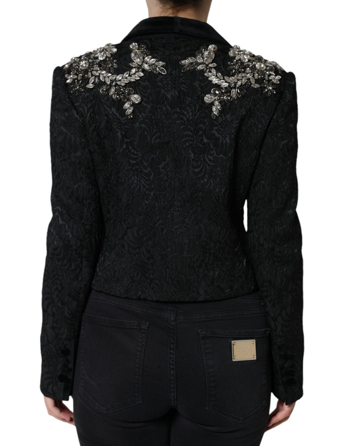 Dolce & Gabbana Black Jacquard Crystal Floral Jacket Blazer