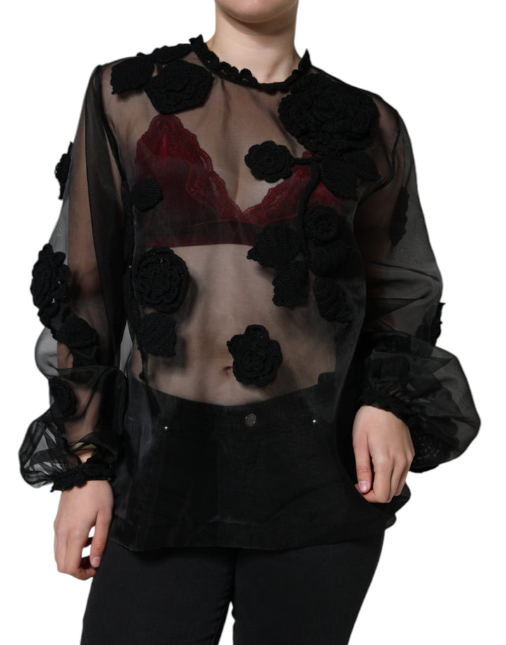 Dolce &amp; Gabbana Sample Sale Dolce &amp; Gabbana Black Nylon Mesh Transparent Floral Blouse - | Designer outlet