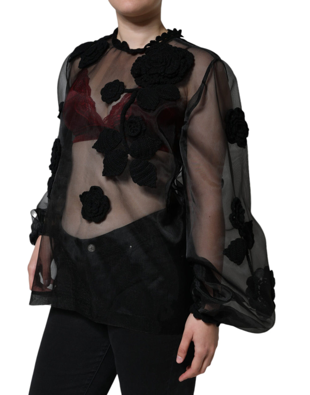 Dolce &amp; Gabbana Sample Sale Dolce &amp; Gabbana Black Nylon Mesh Transparent Floral Blouse - | Designer outlet