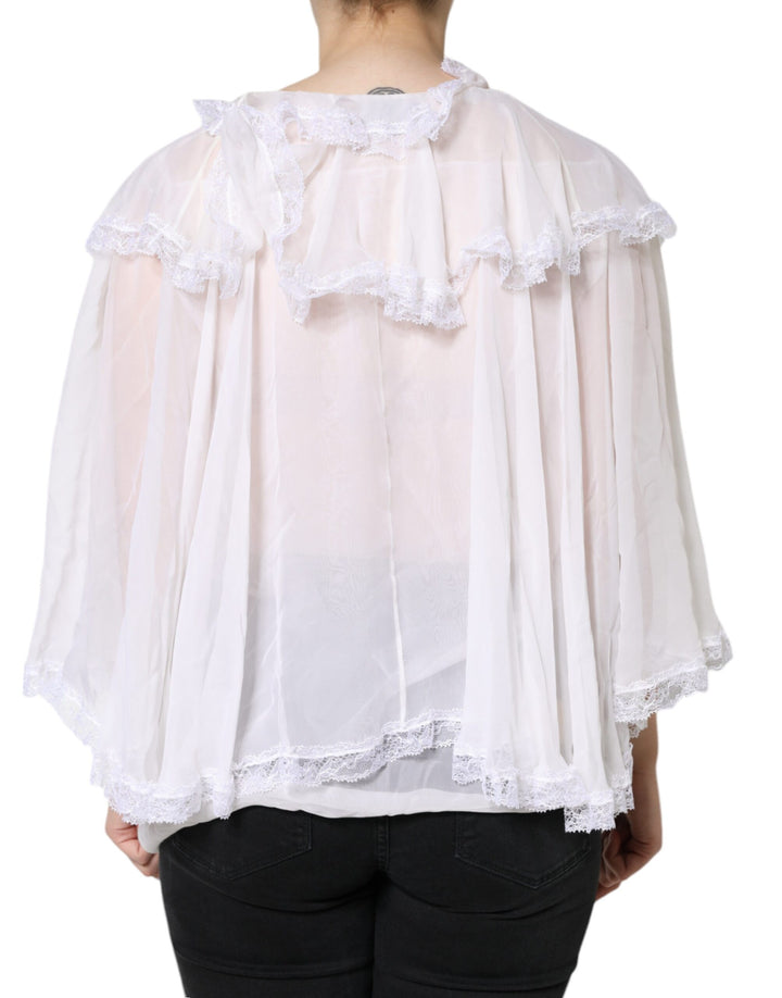 Dolce & Gabbana White Ruffles Lace Long Sleeve Blouse Top