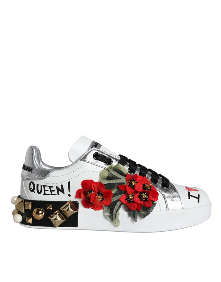 Dolce &amp; Gabbana White Leather Floral Studded Sneakers Shoes by Dolce &amp; Gabbana outlet now on sale