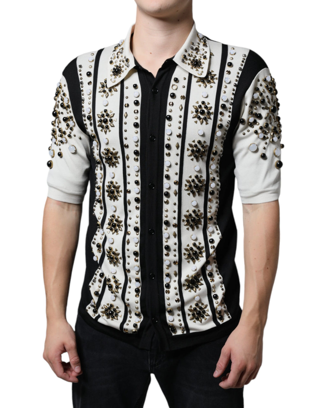 Dolce &amp; Gabbana White Black Silk Studded Stone Crystal Shirt by Dolce &amp; Gabbana outlet now on sale