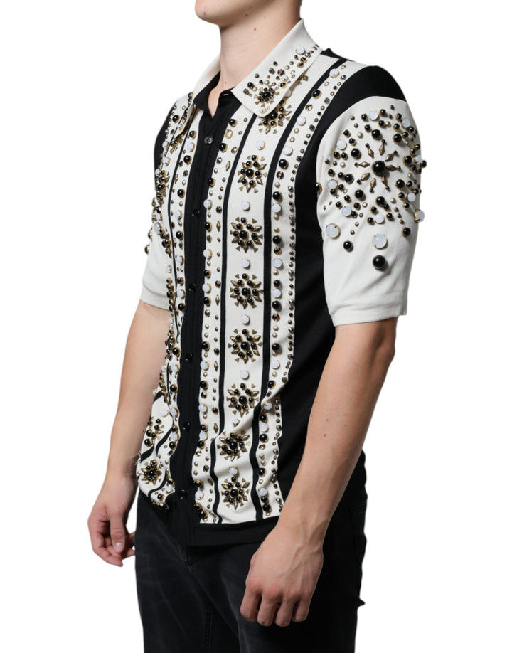 Dolce &amp; Gabbana Sample Sale Dolce &amp; Gabbana White Black Silk Studded Stone Crystal Shirt - | Designer outlet