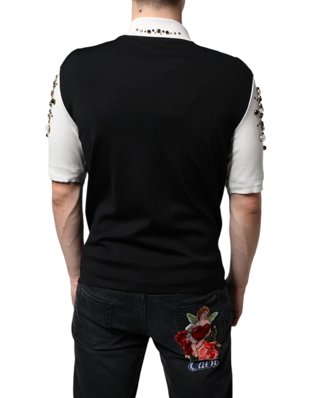 Dolce &amp; Gabbana Sample Sale Dolce &amp; Gabbana White Black Silk Studded Stone Crystal Shirt - | Designer outlet