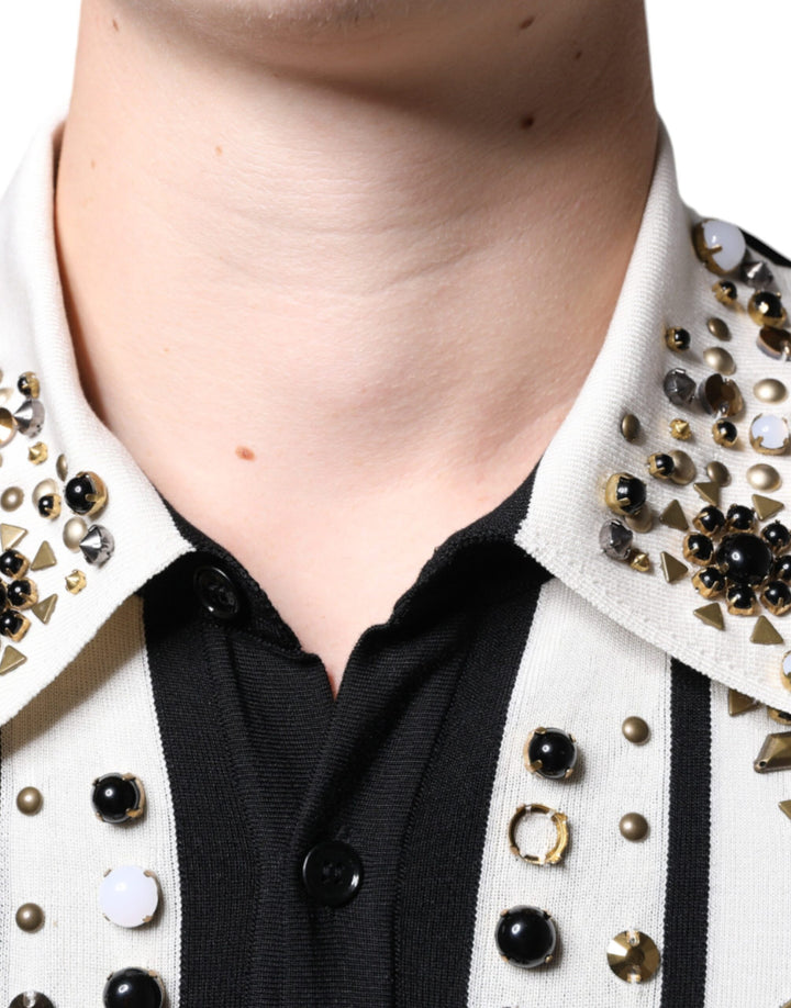 Dolce &amp; Gabbana Sample Sale Dolce &amp; Gabbana White Black Silk Studded Stone Crystal Shirt - | Designer outlet