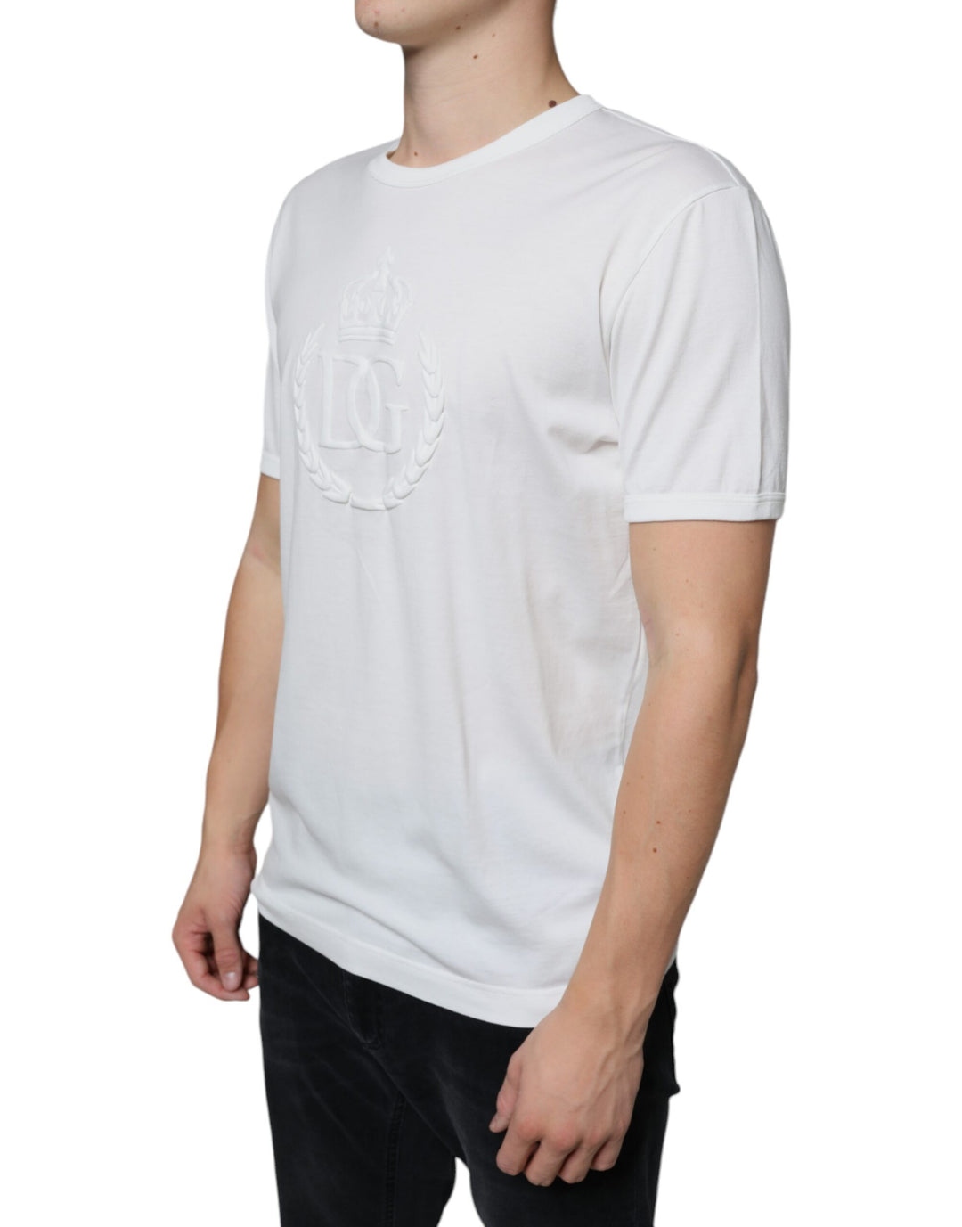 Dolce &amp; Gabbana Sample Sale Dolce &amp; Gabbana White Logo Embossed Cotton Crewneck T-shirt - | Designer outlet