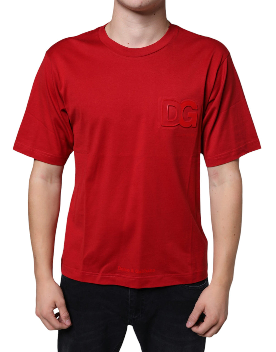 Dolce &amp; Gabbana Red Cotton DG Logo Print Crew Neck T-shirt by Dolce &amp; Gabbana outlet now on sale