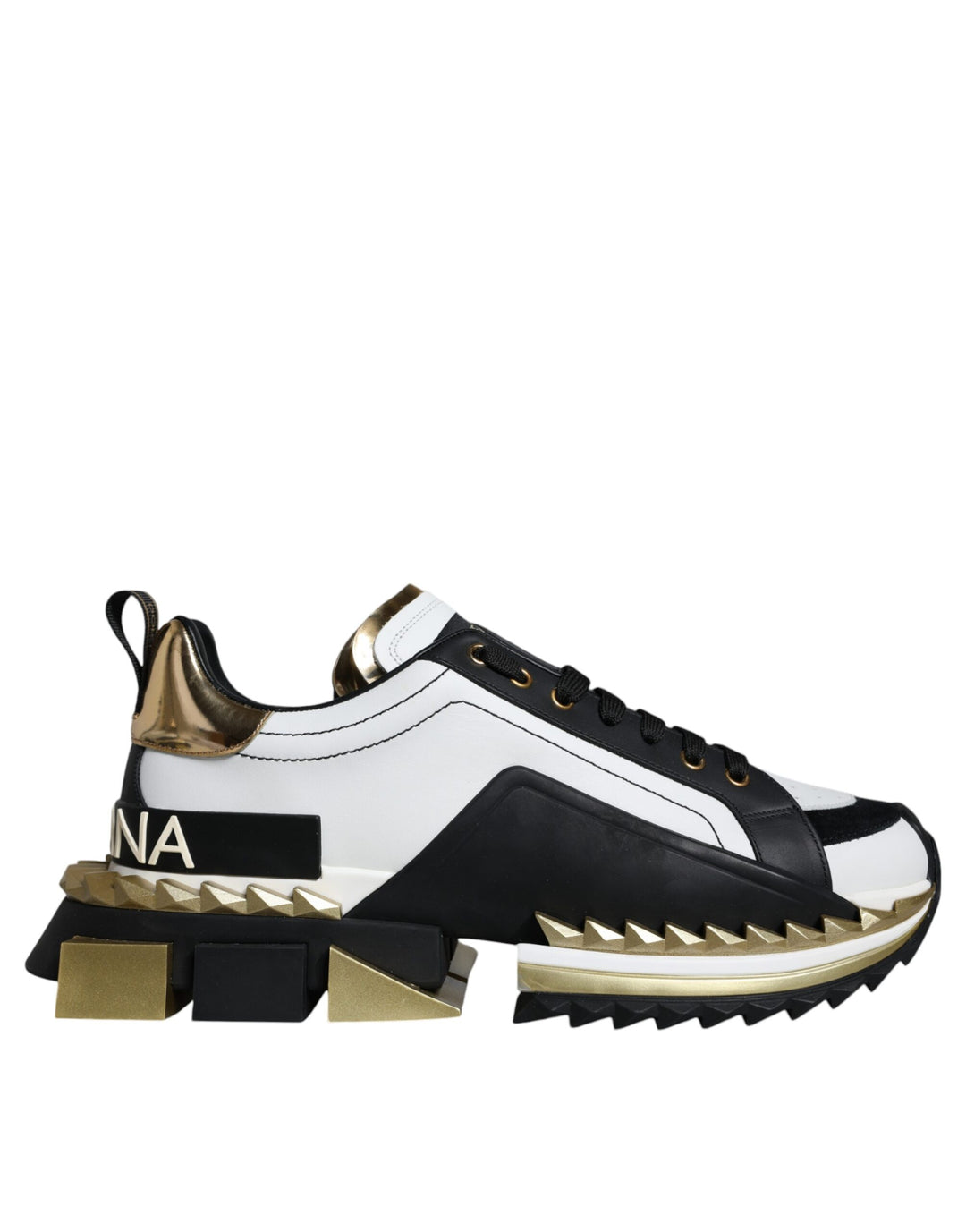 Dolce Gabbana White Gold Black Leather SUPER KING Sneakers Shoes