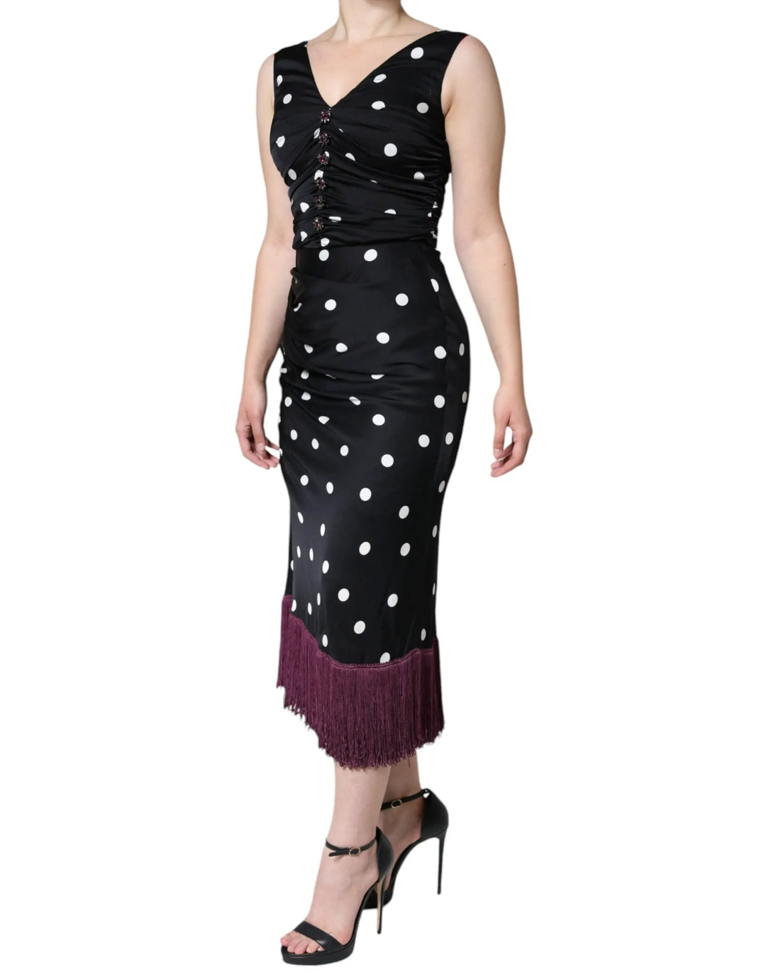 Dolce &amp; Gabbana Black Silk Polka Dot Vneck Tassel Midi Dress