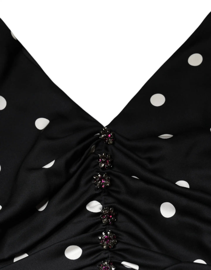 Dolce &amp; Gabbana Black Silk Polka Dot Vneck Tassel Midi Dress
