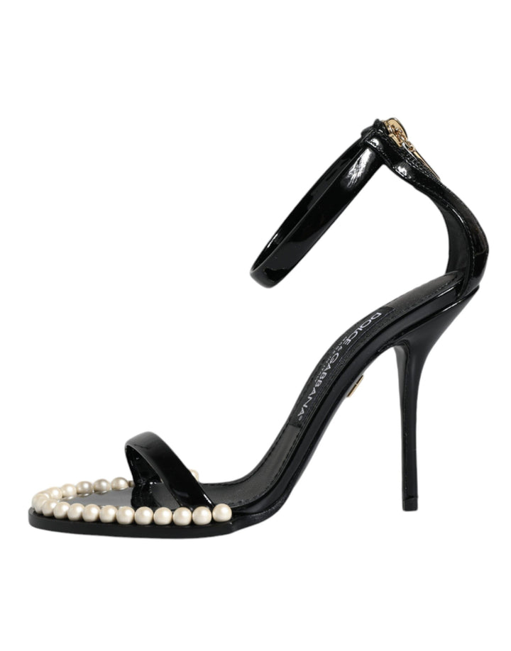 Dolce & Gabbana Black Keira Leather Faux Pearl Sandals Heels Shoes